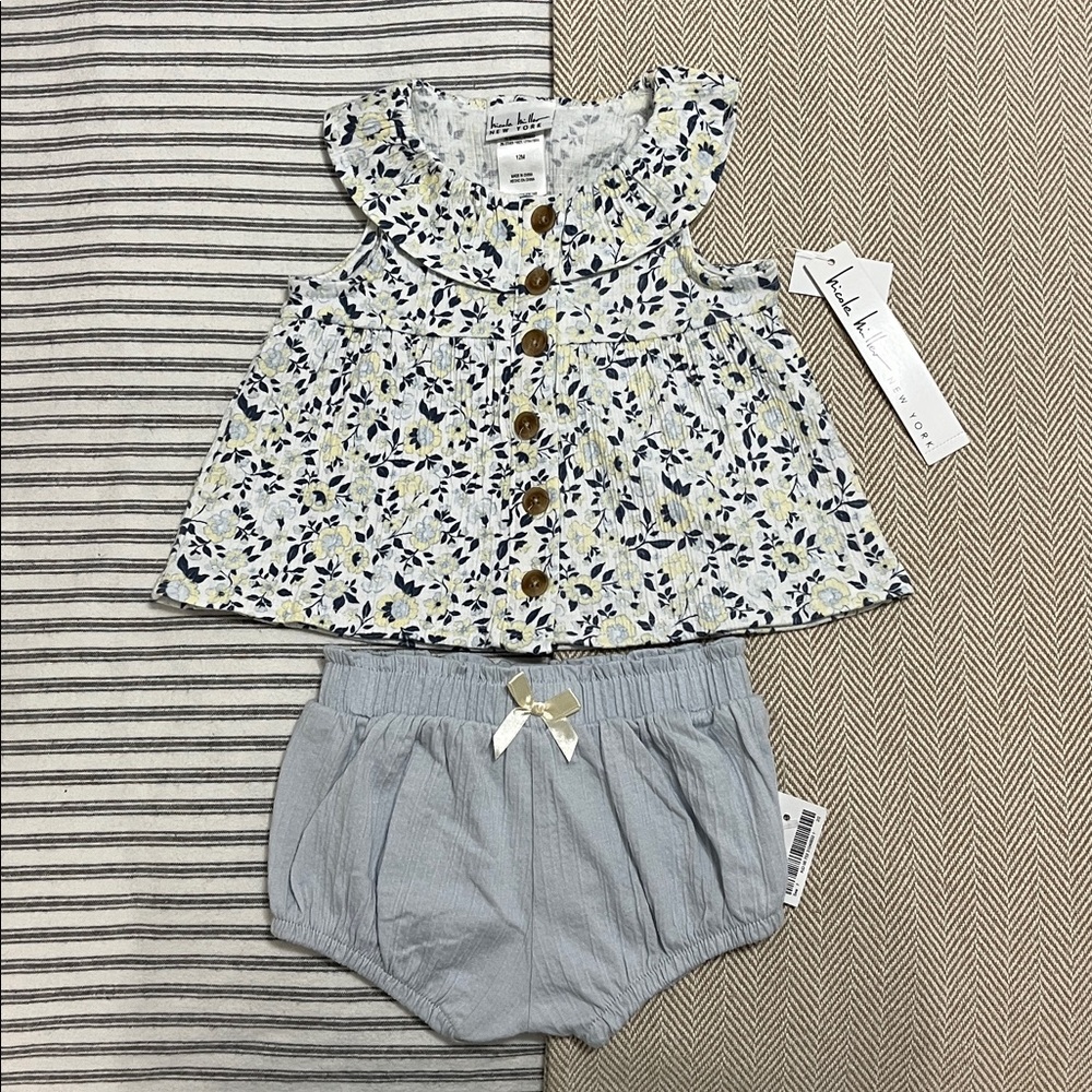 NWT Nicole Miller Baby Set 12 Months Floral Ruffle Peplum Button Top and Bottoms
